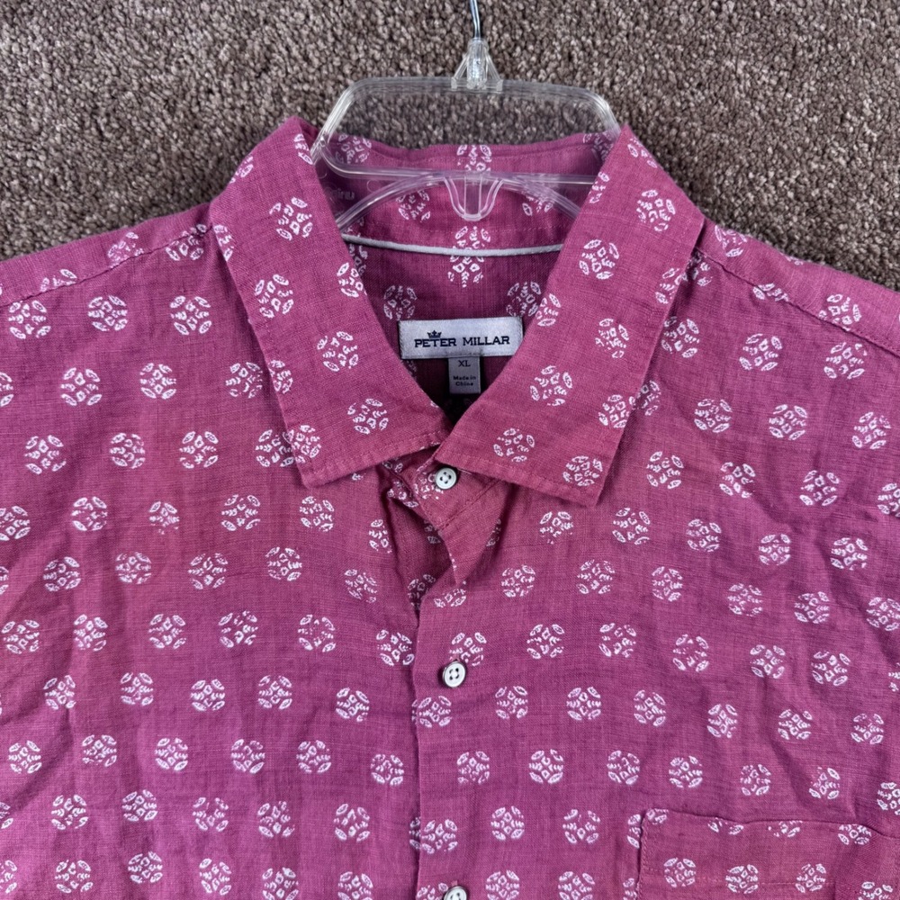 Peter Millar Mens XL Raspberry 100% Linen Short Sleeve Medallion Print Shirt